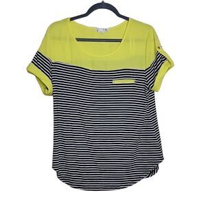 It Girl Short Sleeve Stripe Colorblock Mixed Media Top Yellow Black